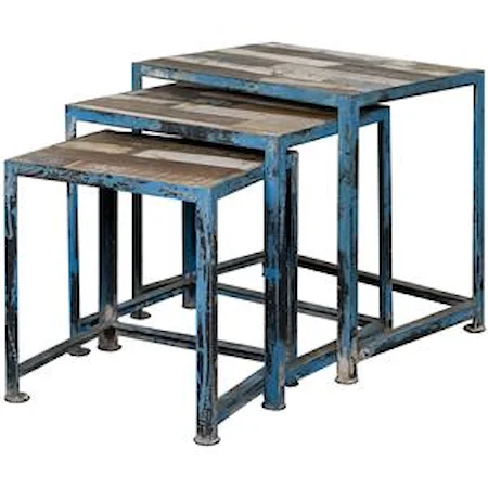 Three Reclaimed Wood & Iron Nesting Tables with Distressed Multi-Color Finish